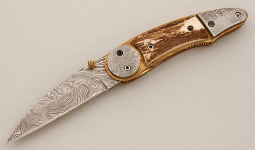 Unknown Maker Damascus Wharncliffe with Stag Scales handle material - Obverse Side - Item #KLC14557