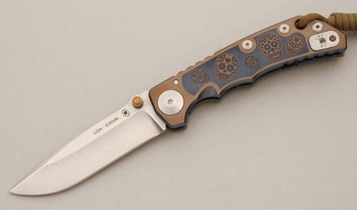 Spartan Blades Harsey Sugar Skulls with Blue/Bronze Aluminum Frame handle material - Obverse Side - Item #KLC14591