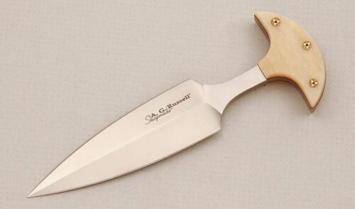 A.G. Russell Shopmade Small Push Dagger with Stabilized Giraffe Bone Scales handle material - Obverse Side - Item #KLC14596