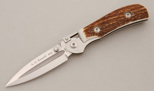 A.G. Russell K87 One Handed Folding Dagger with Stag Scales handle material - Obverse Side - Item #KLC14609