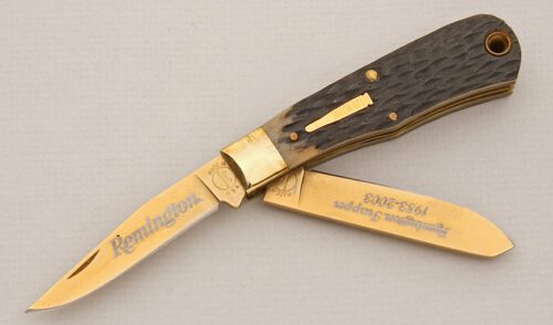 Remington Knives Baby Bullet 1983 20th Anniv. with Brown Jigged Bone Scales handle material - Obverse Side - Item #KLC14614