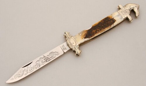 Parker Cutlery EK-5 Folding Bowie with Burnt Jigged Bone Scales handle material - Obverse Side - Item #KLC14652