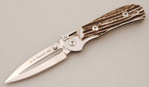A.G. Russell K87 One Handed Folding Dagger with Stag Scales handle material - Obverse Side - Item #KLC14697