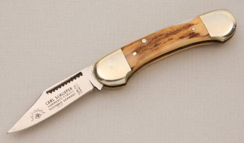 Carl Schlieper Eye Brand Small Lockback with Stag Scales handle material - Obverse Side - Item #KLC14702