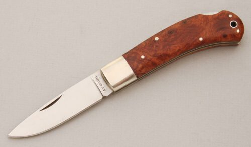 A.G. Russell Lockback Folder with Chinese Quince Burl Scales handle material - Obverse Side - Item #KLC14732