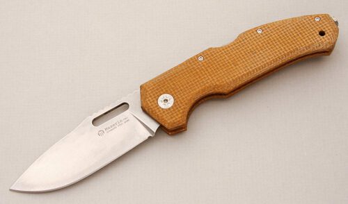 Maserin Nimrod Folder with Tan Canvas Micarta Frame handle material - Obverse Side - Item #KLC14735