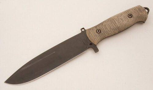 A.G. Russell Camp Knife with Textured Green Rucarta Scales handle material - Obverse Side - Item #KLC14750