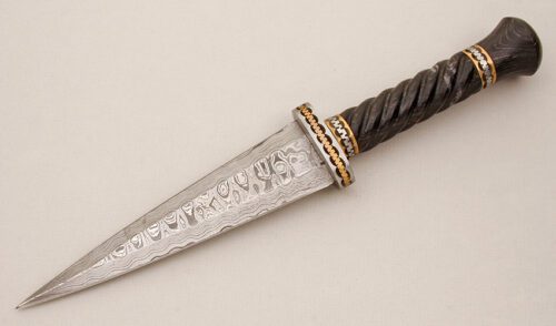 Unknown Maker Damascus Dagger with Fluted Dark Wood Handle handle material - Obverse Side - Item #KLC14765