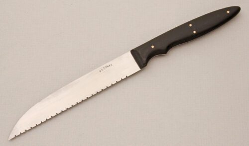 P.J. Tomes Serrated Knife with Black Micarta Scales handle material - Obverse Side - Item #KLC14768