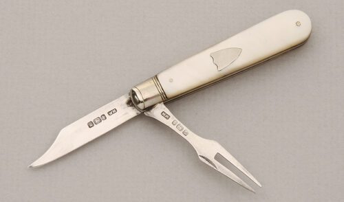 William Needham Slotting Silver Kinfe & Fork with Mother Of Pearl Scales handle material - Obverse Side - Item #KLC14795