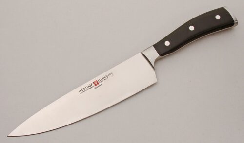 Wusthof Cutlery Classic Ikon Chef's Knife with Black Synthetic Scales handle material - Obverse Side - Item #KLC14798