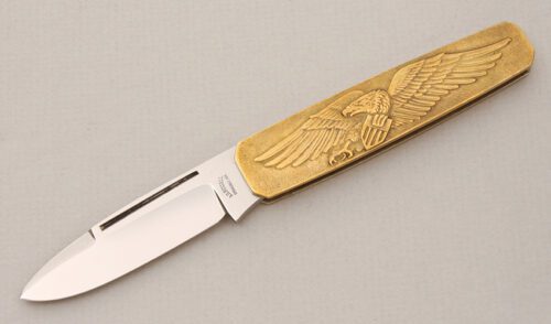 A.G. Russell American Bicentennial Folder with Embossed Brass Frame handle material - Obverse Side - Item #KLC14800
