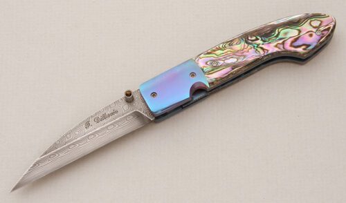 Frank Dilluvio Custom Damascus Lockback with Abalone Scales handle material - Obverse Side - Item #KLC14805