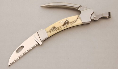 A.G. Russell Scrimshaw Sailor's Knife with Smooth Natural Bone Scales handle material - Obverse Side - Item #KLC14810