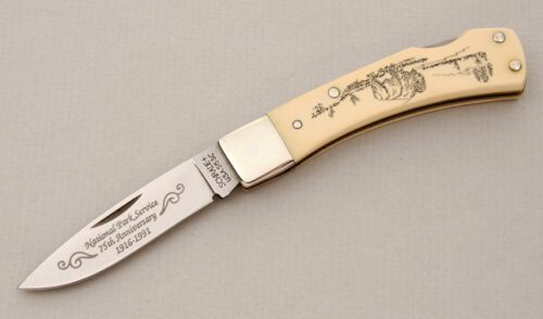 Schrade Cutlery SC515 National Park Anniv. with Ivory Micarta Scales handle material - Obverse Side - Item #KLC14831