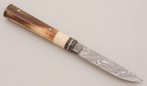 Brad Rutherford Custom Damascus Hunter with Giraffe Bone Handle handle material - Obverse Side - Item #KLC14850
