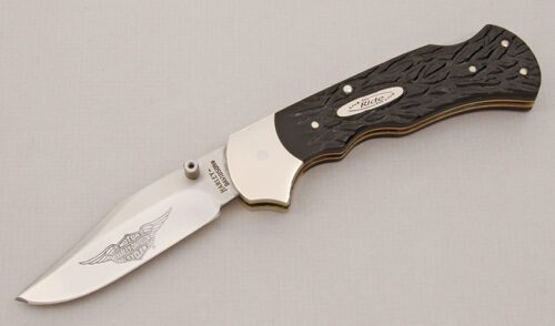 Harley Davidson Knives HD-1 Lockback Folder with Black Textured Delrin Scales handle material - Obverse Side - Item #KLC14858