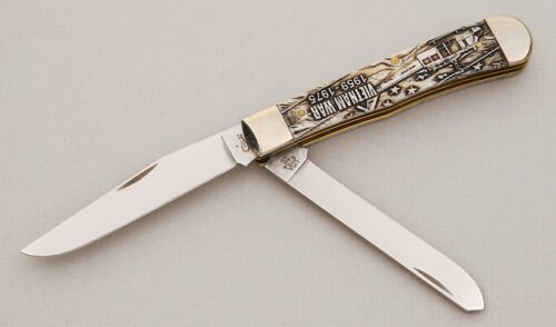 Case Cutlery Vietnam War Series Trapper with Embellished Natural Bone handle material - Obverse Side - Item #KLC14875