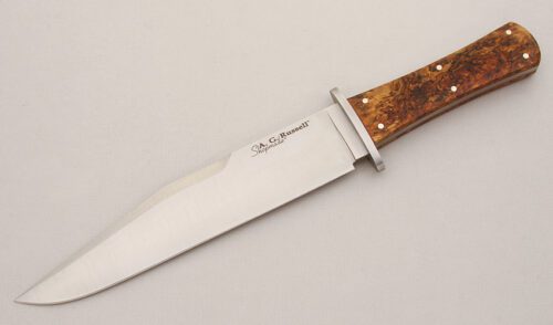 A.G. Russell Shopmade California Bowie with Double-Dyed Maple Burl Scales handle material - Obverse Side - Item #KLC14879