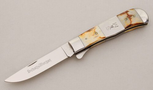 Schatt & Morgan Mountain Man Liner Lock with Burnt Stag Scales handle material - Obverse Side - Item #KLC14881