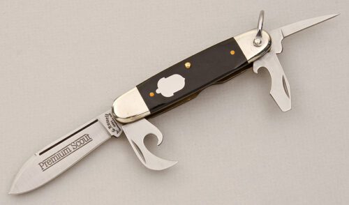 A.G. Russell Premium Scout Knife with Black Linen Micarta Scales handle material - Obverse Side - Item #KLC14902