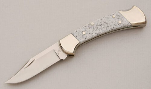 Buck Knives Model 112 Lockback with Grey Corian Scales handle material - Obverse Side - Item #KLC14910