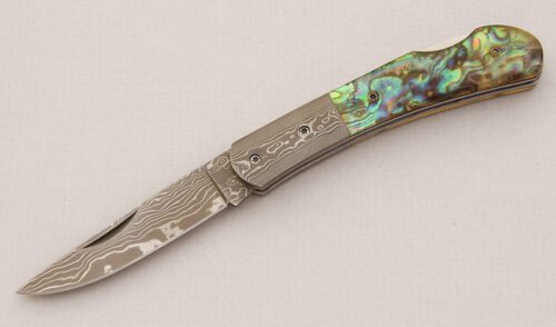 Unknown Maker Damascus Lockback with Abalone Scales handle material - Obverse Side - Item #KLC14911