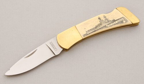 Gerber Knives Pearl Harbor 50th Anniversary with Ivory Micarta Scales handle material - Obverse Side - Item #KLC14923