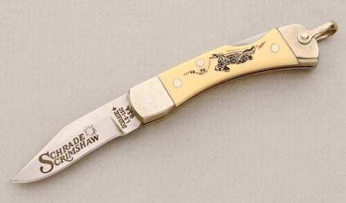 Schrade Cutlery LB-15C Scrimshaw with Ivory Micarta Scales handle material - Obverse Side - Item #KLC14933
