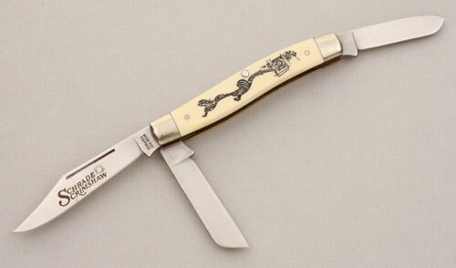 Schrade Cutlery 885UH Three Blade Stockman with Ivory Micarta Scales handle material - Obverse Side - Item #KLC14964