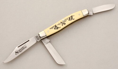 Schrade Cutlery 505SC 3 Blade Stockman with Ivory Micarta Scales handle material - Obverse Side - Item #KLC14965