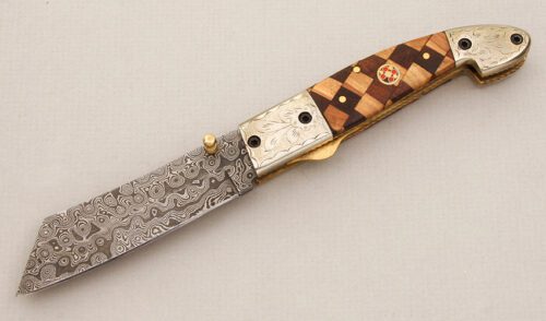 Unknown Maker Damascus "Chopper" Linerlock with Checkered Wood Handle handle material - Obverse Side - Item #KLC14966