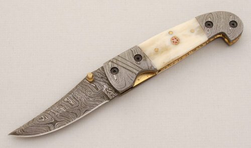 Unknown Maker Persian Damascus Linerlock with White Bone Scales handle material - Obverse Side - Item #KLC14967