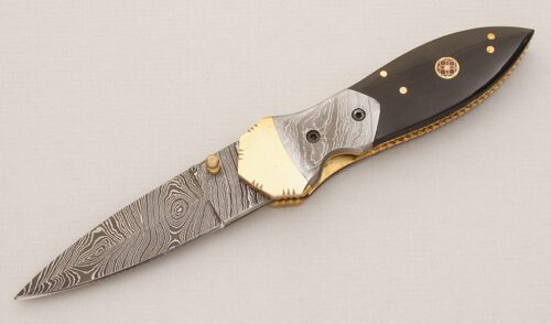 Unknown Maker Damascus Folding Dagger with Buffalo Horn Scales handle material - Obverse Side - Item #KLC14968