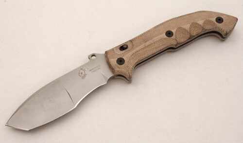 Fox Cutlery Meskwaki Folding Tracker with Tan Canvas Micarta Scales handle material - Obverse Side - Item #KLC14984