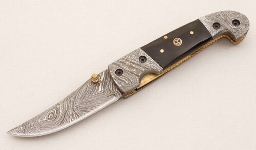 Unknown Maker Persian Style Damascus Folder with Buffalo Horn Scales handle material - Obverse Side - Item #KLC15002