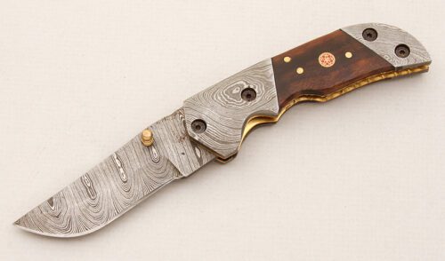 Unknown Maker Damascus Folder with Exotic Wood Scales handle material - Obverse Side - Item #KLC15003