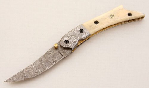 Unknown Maker Persian Style Damascus Folder with Smooth Natural Bone Scales handle material - Obverse Side - Item #KLC15004