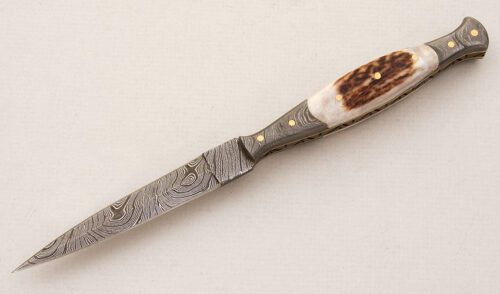 Unknown Maker Slim Damascus Dagger with Stag Scales handle material - Obverse Side - Item #KLC15008