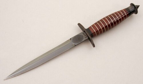 Case Cutlery V-42 Fighting Stiletto with Stacked Leather Handle handle material - Obverse Side - Item #KLC15015