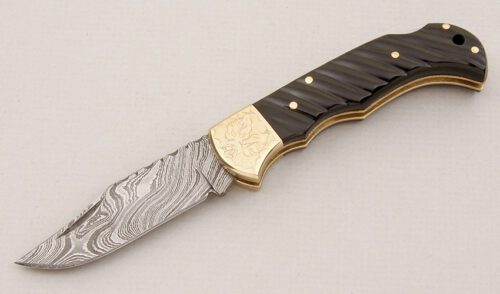 Unknown Maker Folding Damascus Hunter with Fluted Buffalo Horn Scales handle material - Obverse Side - Item #KLC15018