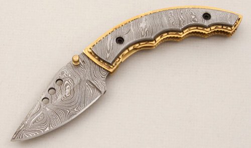 Unknown Maker Damascus Linerlock with Damascus Steel handle material - Obverse Side - Item #KLC15019