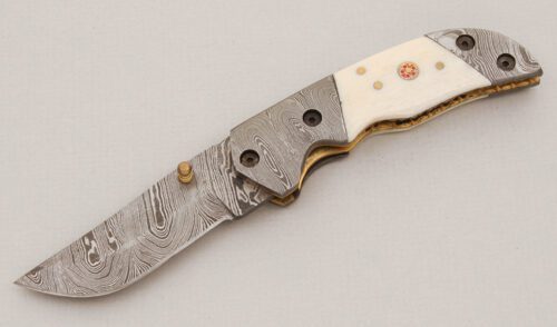 Unknown Maker Damascus Linerlock with White Bone Scales handle material - Obverse Side - Item #KLC15059