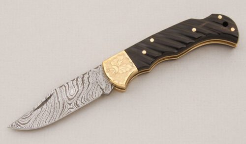 Unknown Maker Folding Damascus Hunter with Fluted Buffalo Horn Scales handle material - Obverse Side - Item #KLC15064