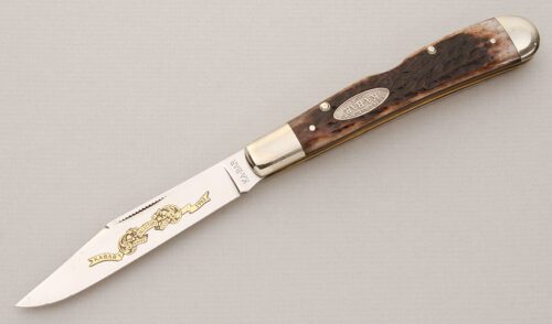 Ka-Bar Knives 1993 Collector's Club Knife with Brown Jigged Bone Scales handle material - Obverse Side - Item #KLC15073