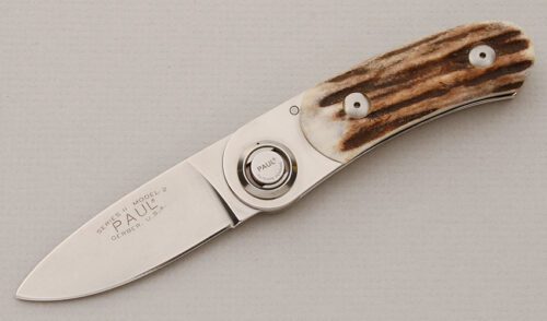 Gerber Knives Model 2PW Paul Knife with Stag Scales handle material - Obverse Side - Item #KLC15078