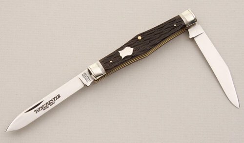 Winchester Knives Model 2967 Swell Center Moose with Brown Jigged Bone Scales handle material - Obverse Side - Item #KLC15095