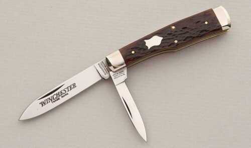 Winchester Knives Model 2851 Two Blade Gunstock with Brown Jigged Bone Scales handle material - Obverse Side - Item #KLC15096