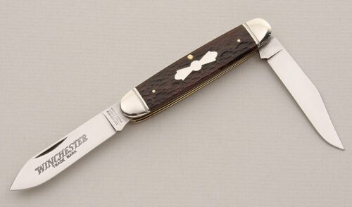 Winchester Knives Model 2991 Equal Ends Moose with Brown Jigged Bone Scales handle material - Obverse Side - Item #KLC15097