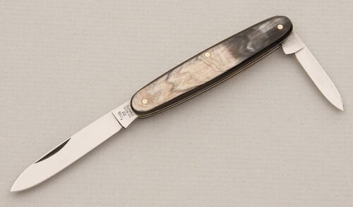 Hen & Rooster Knives Bertram Sleeveboard Pen Knife with Horn Scales handle material - Obverse Side - Item #KLC15104